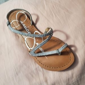 Jessica Simpson Silver Sandals with metal rhinestone look detail.